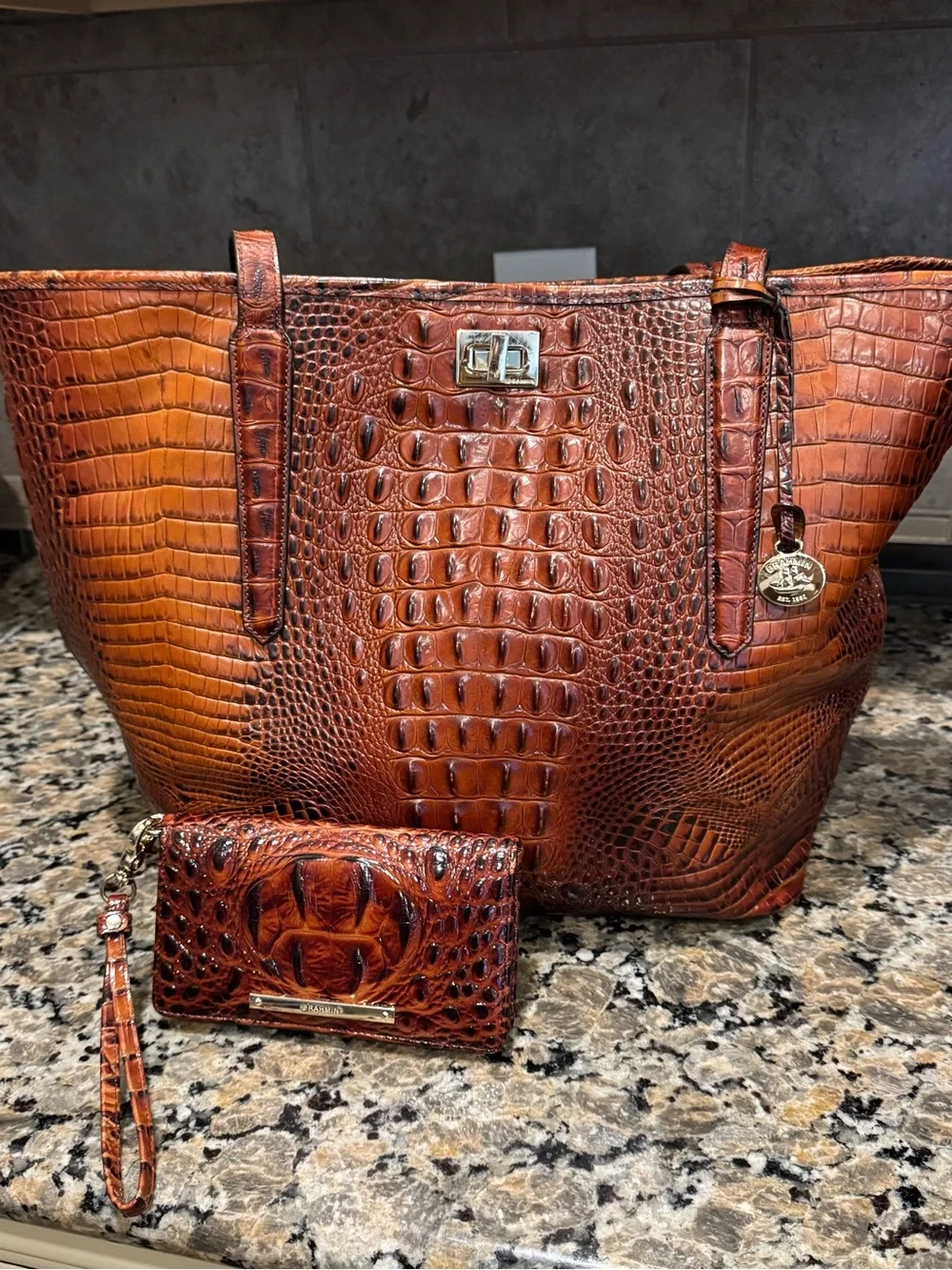 Brahmin Cognac Croc-Embossed Leather Tote with Wristlet